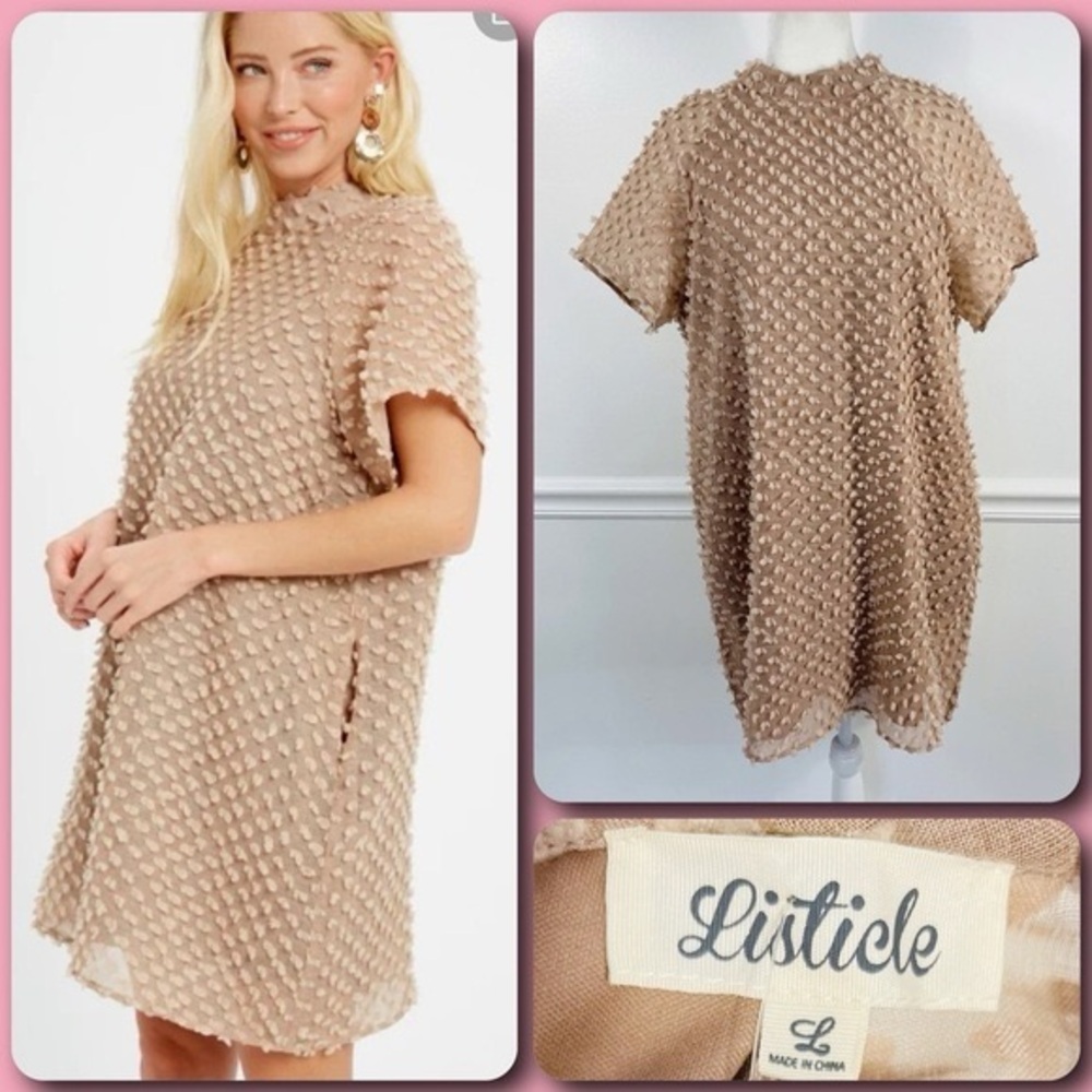 LISTICLE Celina Mocha Swiss Dot‎ Textured Short Sleeve Shift Dress - LARGE